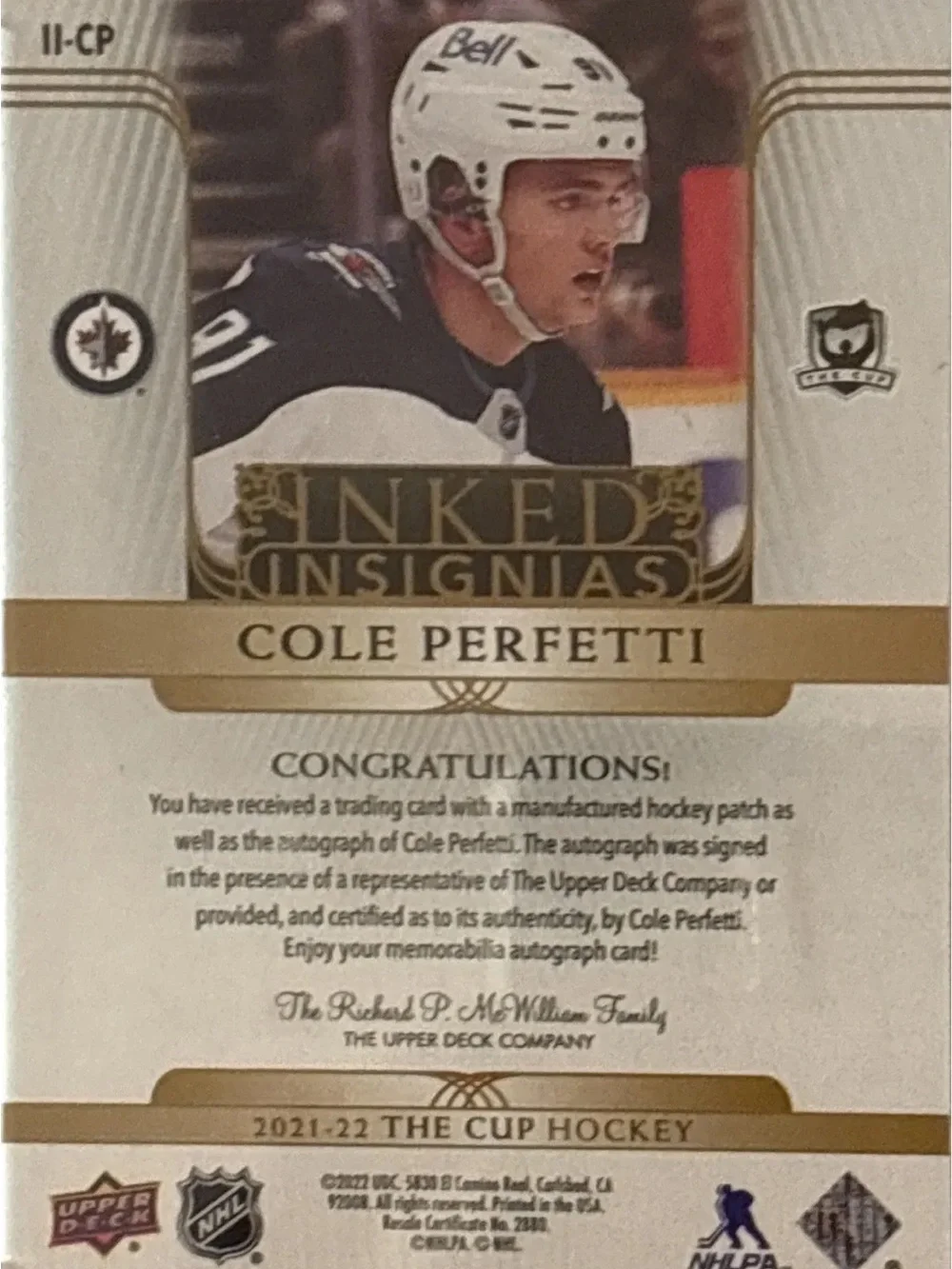 Upper Deck The Cup Cole Perfetti Team Patch Auto Hockey Card LE 54/75